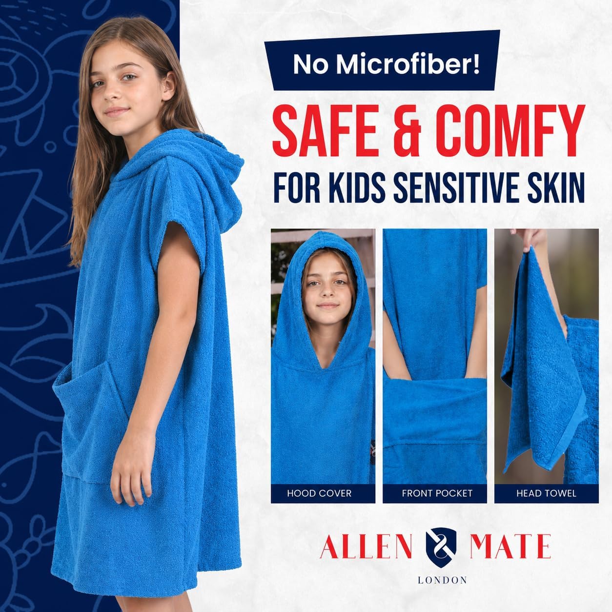 ALLEN & MATE 100% Cotton Kids Hooded Surf Poncho Changing Robe, Quick Absorbent Wearable Swim Towel Boys & Girls, 6-13 Years