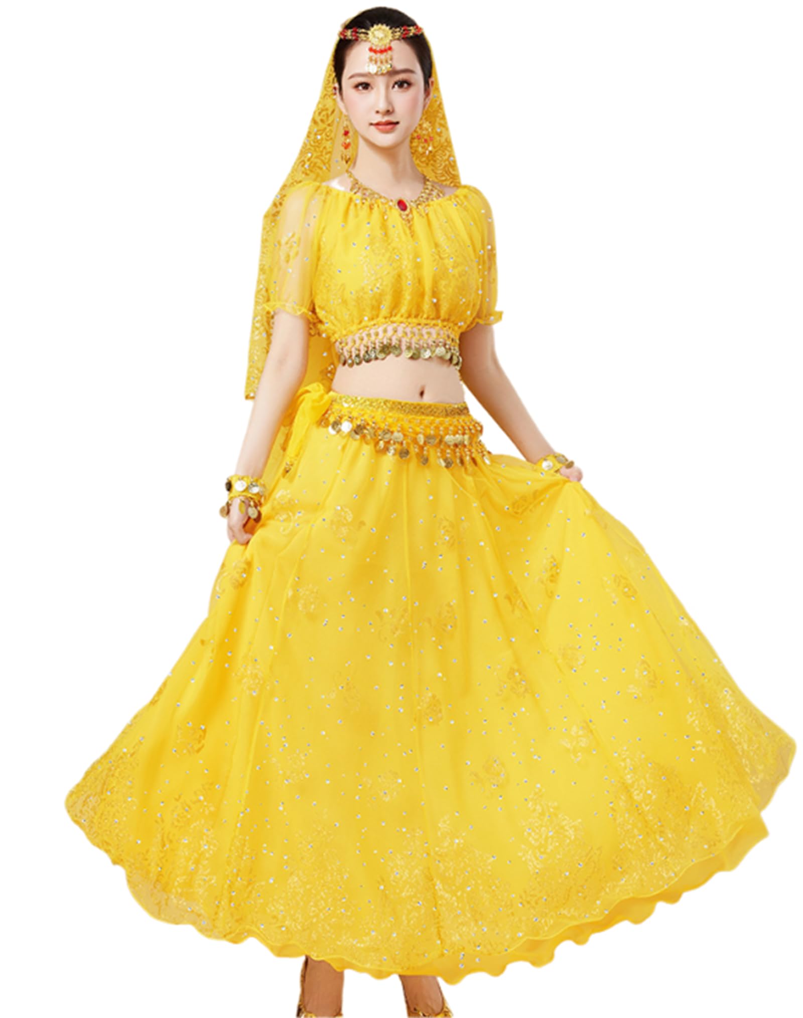 Women's Arabian Princess Costumes Belly Dance Dress Indian Dance Bollywood Jasmine Cosplay Party Fancy Outfit,Yellow,XL