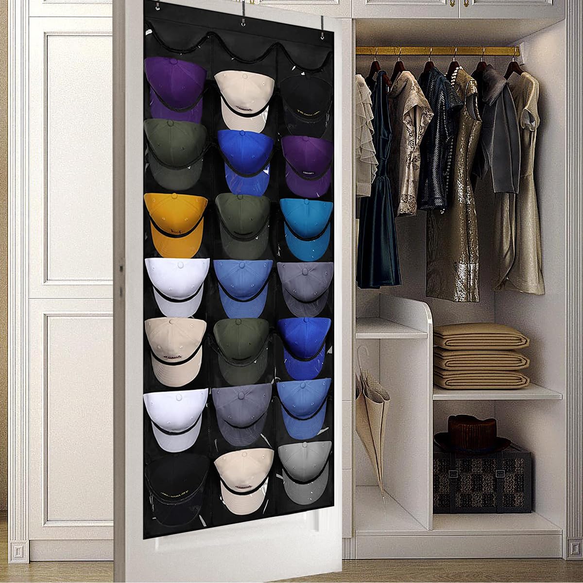 Supporto per cappelli da baseball, porta cappelli, supporto per cappelli da baseball, doppio strato, pieghevole, con 24 tasche, nero