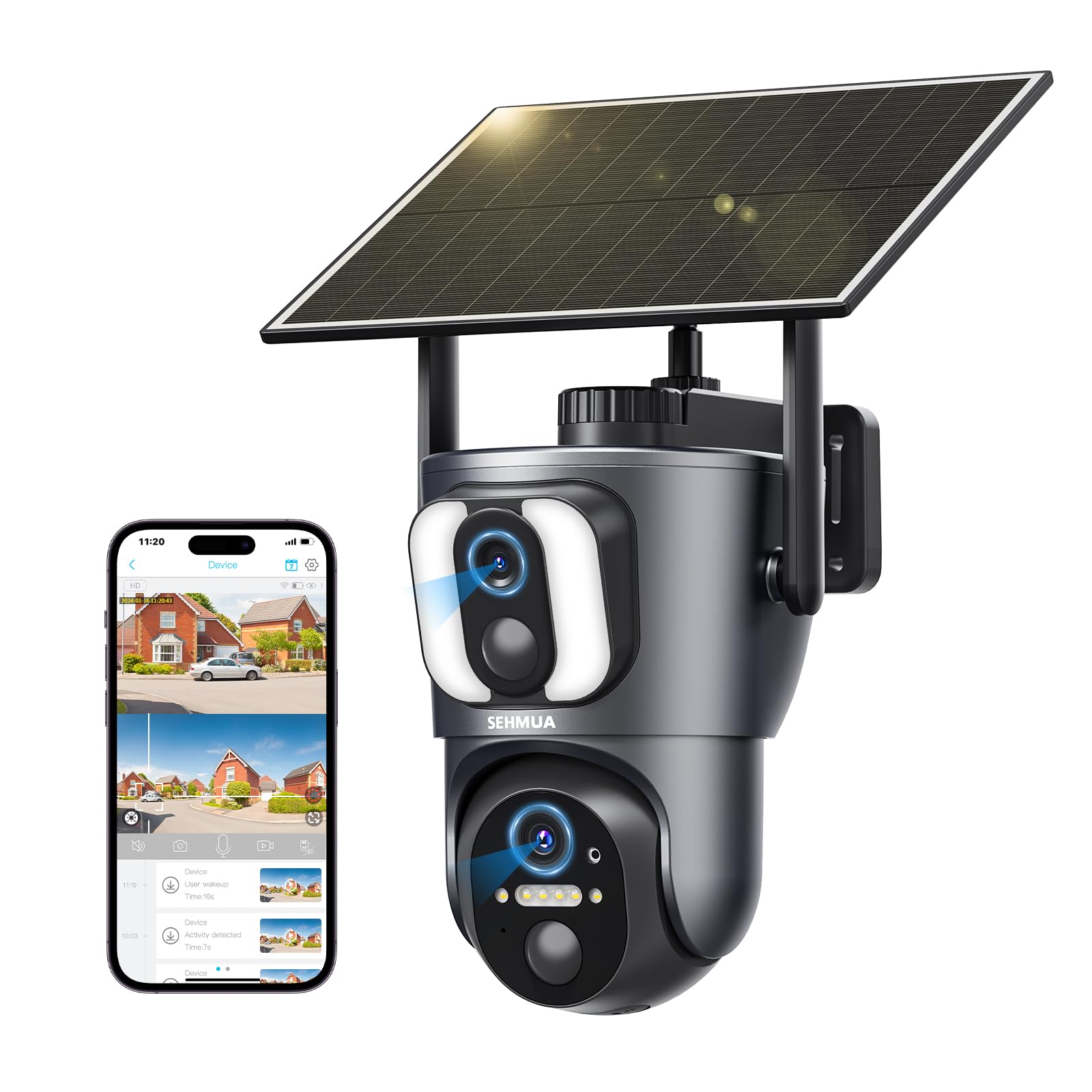 SEHMUA 2K Camara Vigilancia WiFi Exterior Solar con Lentes Duales, Cámara Exterior Solar con Panel Solar, Visión Nocturna Color, 10000mAh, Detección Humana, Audio Bidireccional, PIR