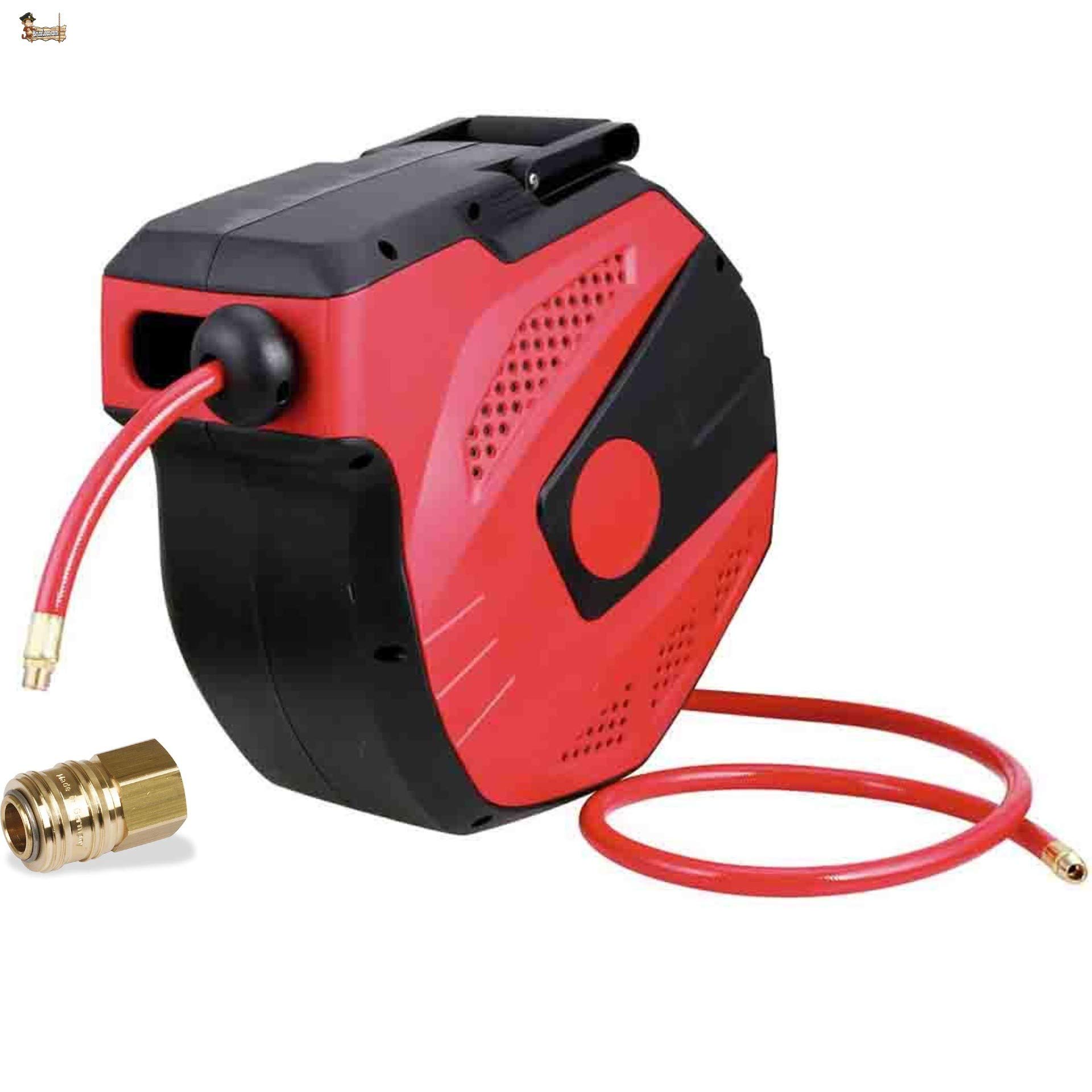 BricoLoco Enrollador automático manguera aire comprimido para compresor. Tambor 7+1 metro. Retráctil. Soporte pared permite giro a 180º. Manguera PVC flexible. Conector rápido.