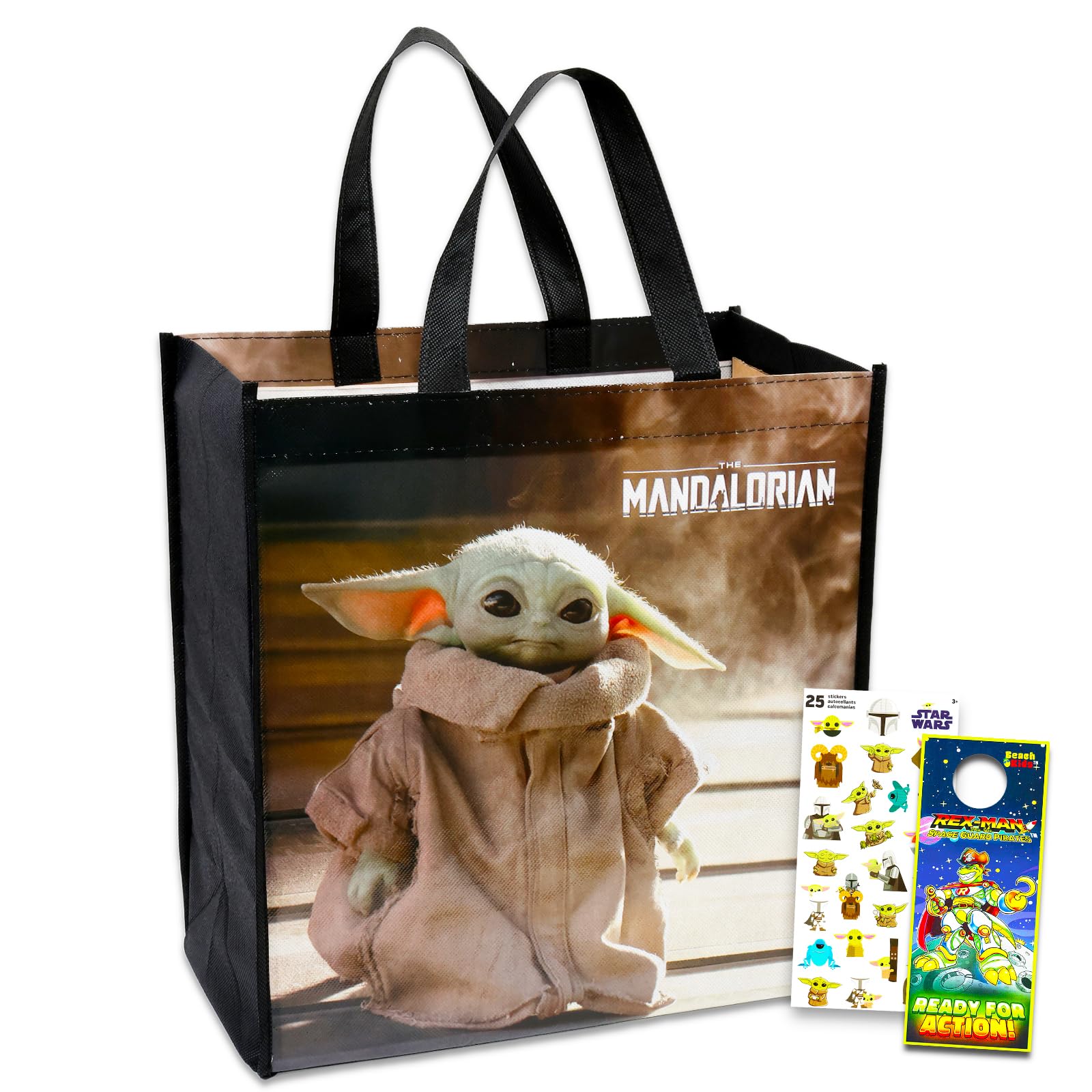 Disney Plus Baby Yoda Tote Bags Value Bundle - 3 Pc Star Wars Mandalorian Reusable Large Tote Grocery Bag with Star Wars Stickers and More (Baby Yoda