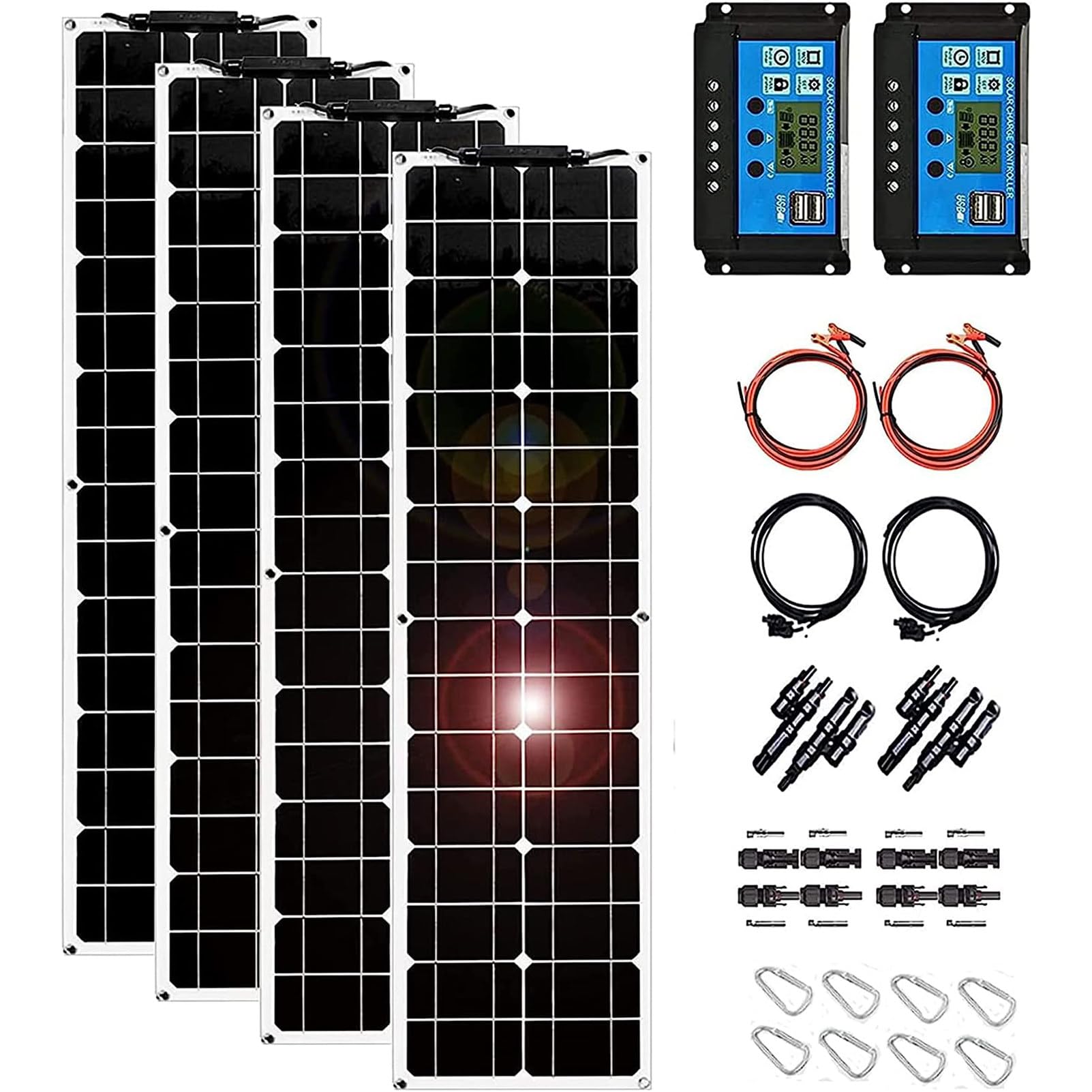 Kit Pannello Solare, Kit Pannello Solare 2x200w Cella Solare Fotovoltaica Ricaricabile 12v con Alimentatore Controller 10a per Caricabatterie Marino per Auto Roulotte,4x200