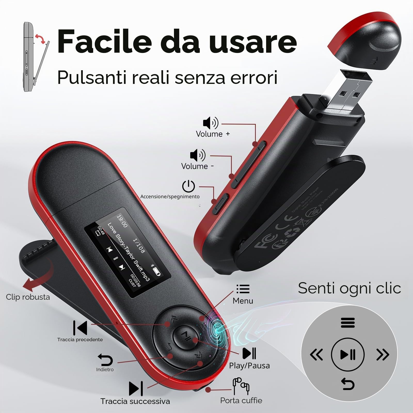 Lettore MP3 64GB Bluetooth 5.3, Chiavetta USB Plug & Play, Ultra-leggero 28g, Pulsanti Fisici per Controllo alla Cieca, Clip Sportiva per Corsa, Riproduzione per Cartelle, Radio FM, Registratore