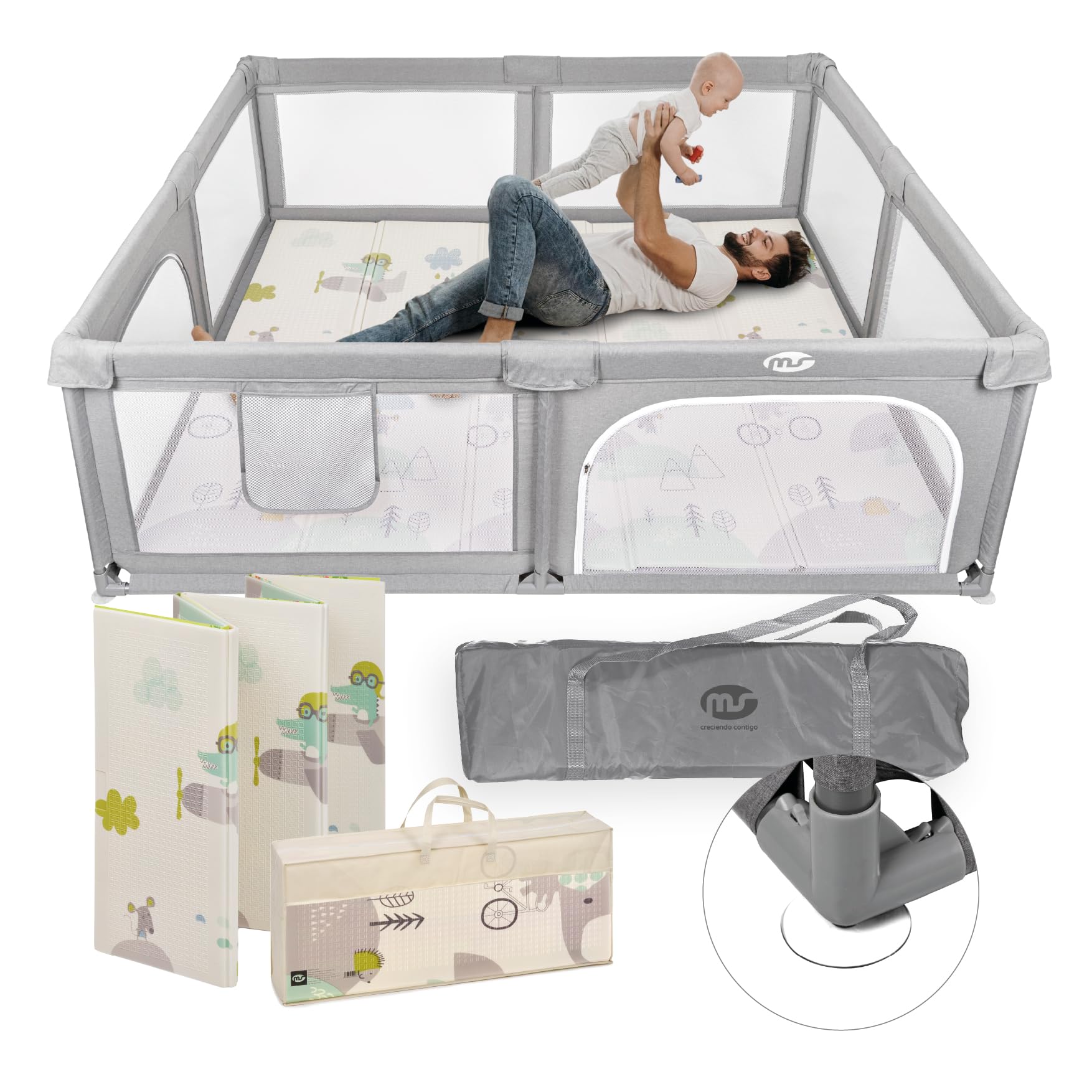 MS BabyWorld - PARC XXL + TAPIS TRENDY - Tapis de Jeu pour Bébé (180x200 cm) Réversible | Très Rembourré (1 cm d’Épaisseur) | Pliable avec Sac de Transport