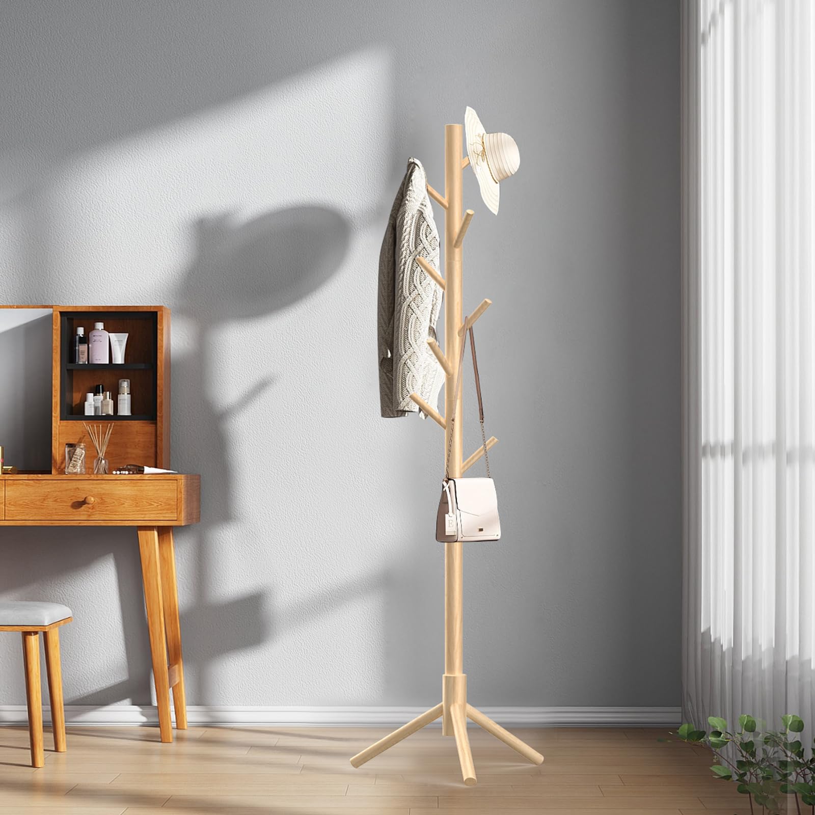 Kasunpul Porte-manteau en bois 175 cm avec 8 crochets, porte-vêtements réglable, autoportant en arbre pour la chambre, le couloir, le bureau, les vêtements, les chapeaux (Bois Naturel)