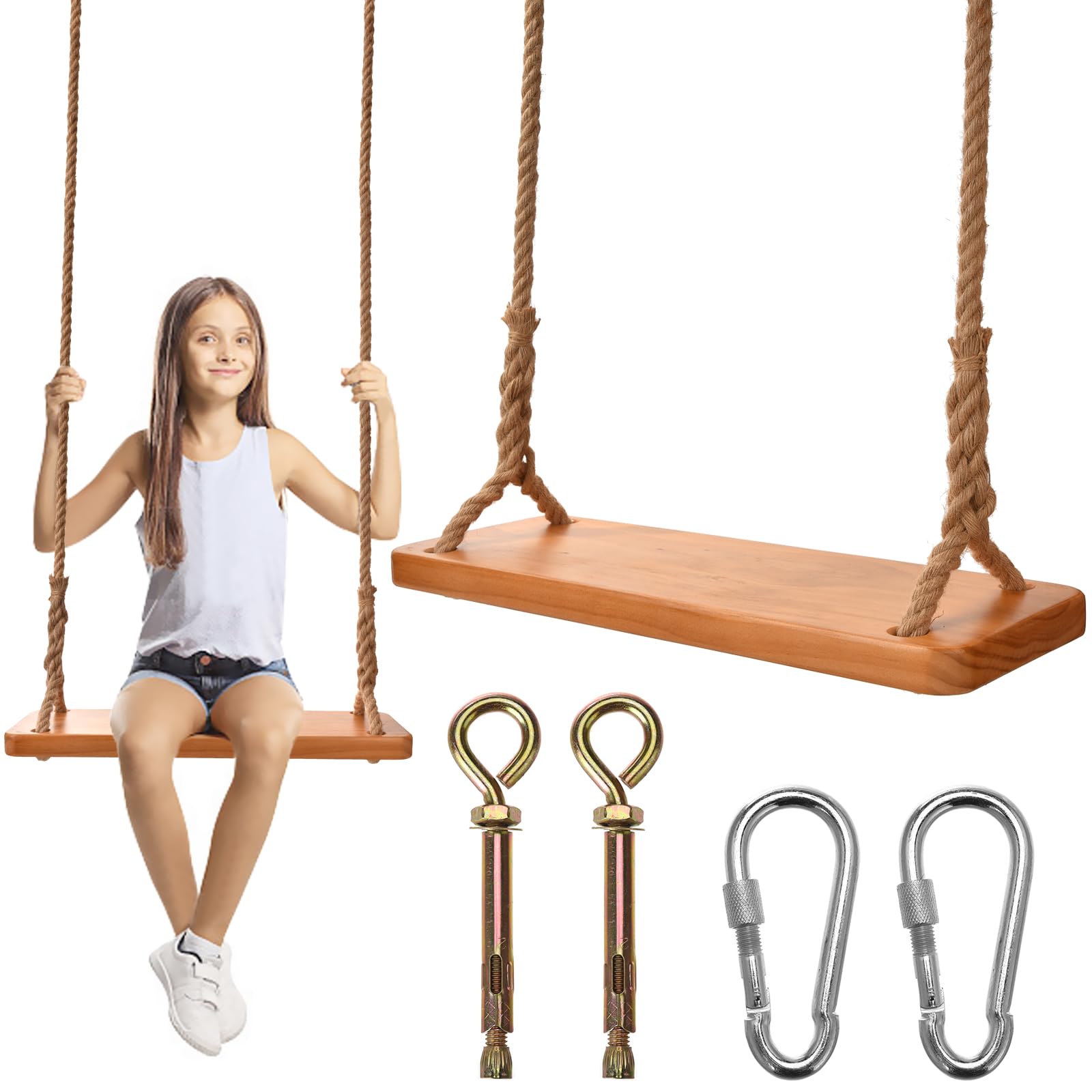 Morwealth - Balancín de madera para niños y adultos, columpio de madera para exteriores con cuerda de cáñamo ajustable, columpio de jardín para interiores y exteriores, soporta hasta 250 kg