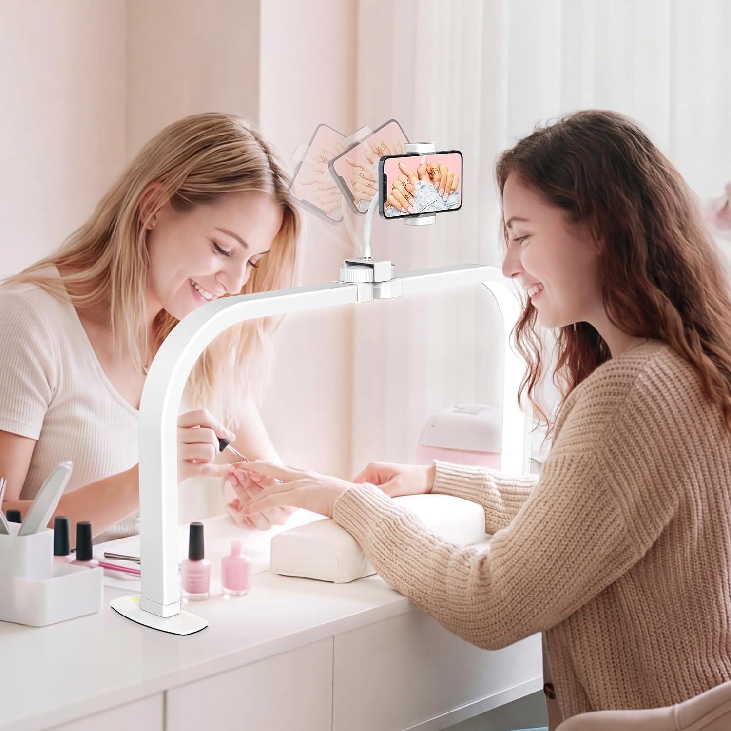 LIONVISON Half Moon Light for Nail Desk: 29" Larger Arch Nail Light for Nail Tech - Foldable Half Moon Nails Desk Lamp with Phone Holder for Home Salon - 3 Color Modes & 10 Brightness for Beginner