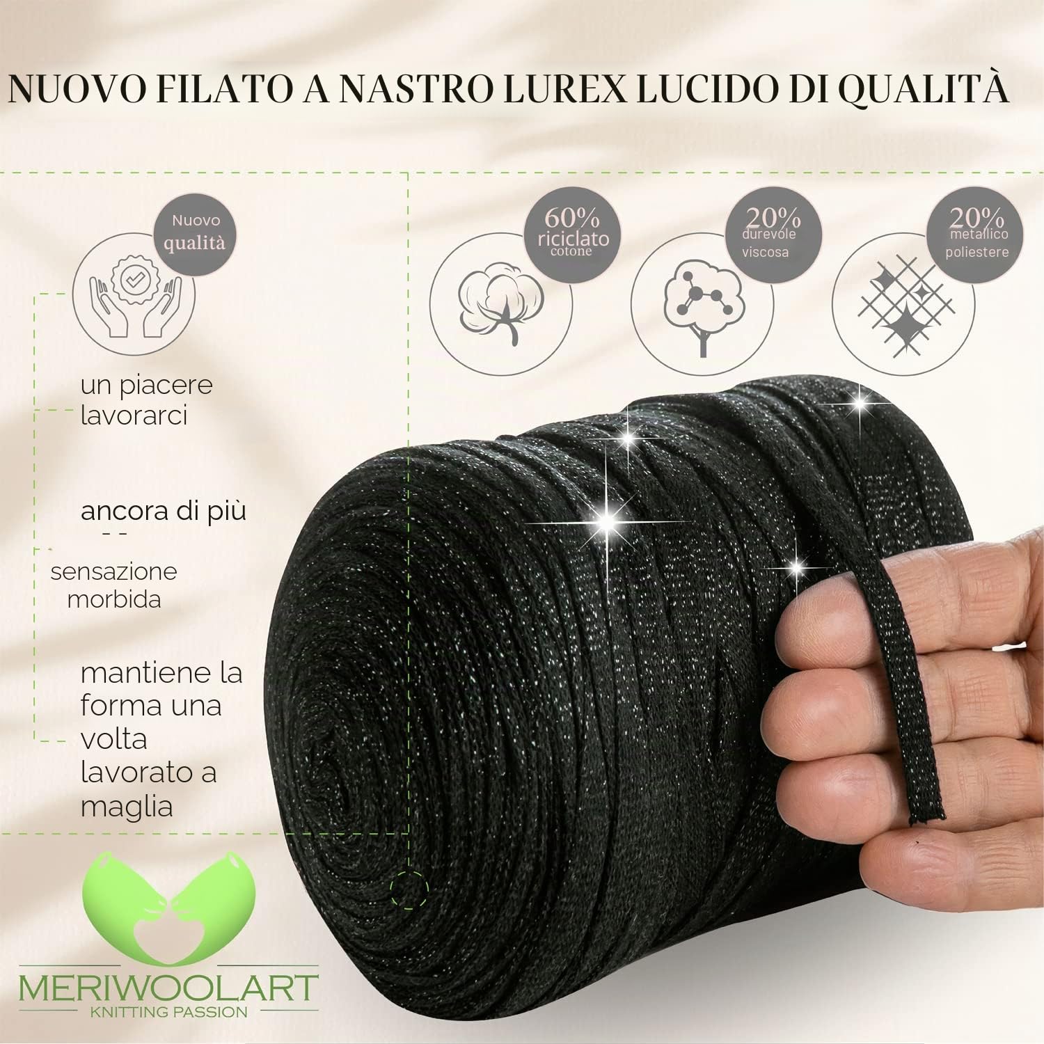 MeriWoolArt® Filato tessile Macramè per uncinetto e maglia - Filato per magliette piatte glitterate fai da te spessore 10 mm, 125 m - Filato di cotone riciclato con Lurex, Viscosa