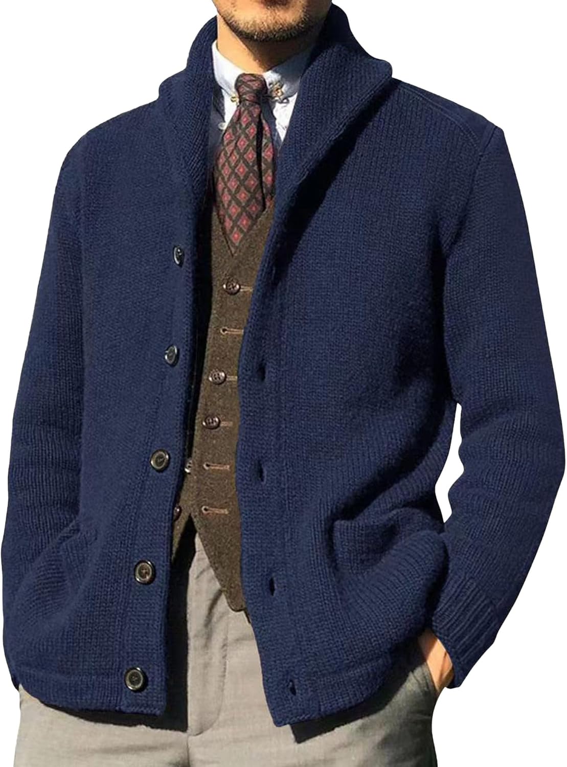 Men Button Down Casual Cardigans Shawl Collar Sweater with Pockets Shawl Collar Buttons Knit Cardigan Sweater