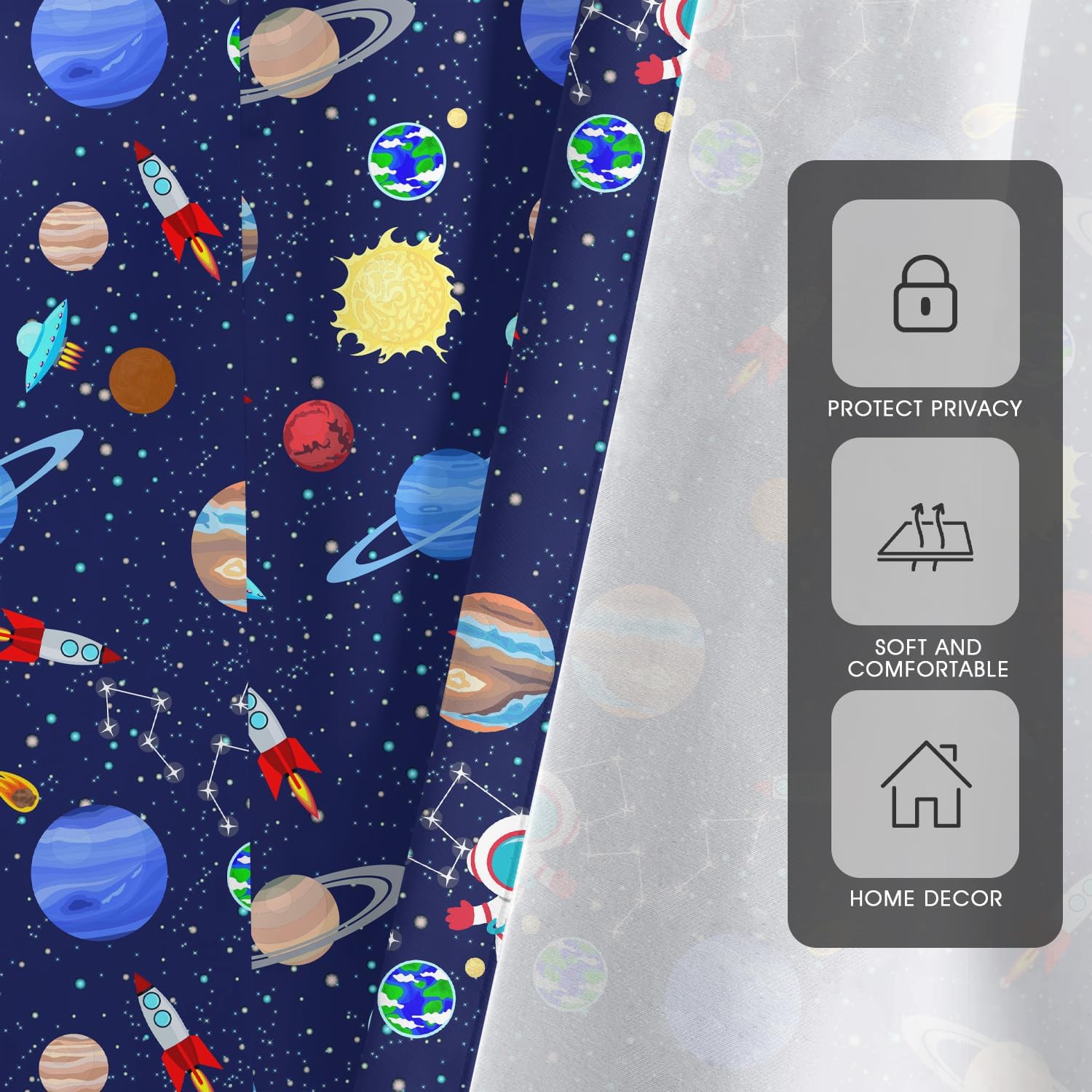 zokyer Kids Boys Window Curtain Galaxy Outer Space Playroom Spaceman Planet Theme Solar System Astronaut Blue Cartoon 42" W x 63" L Curtains for Bedroom Living Room Bathroom 2 Panels Rod Pocket Drapes