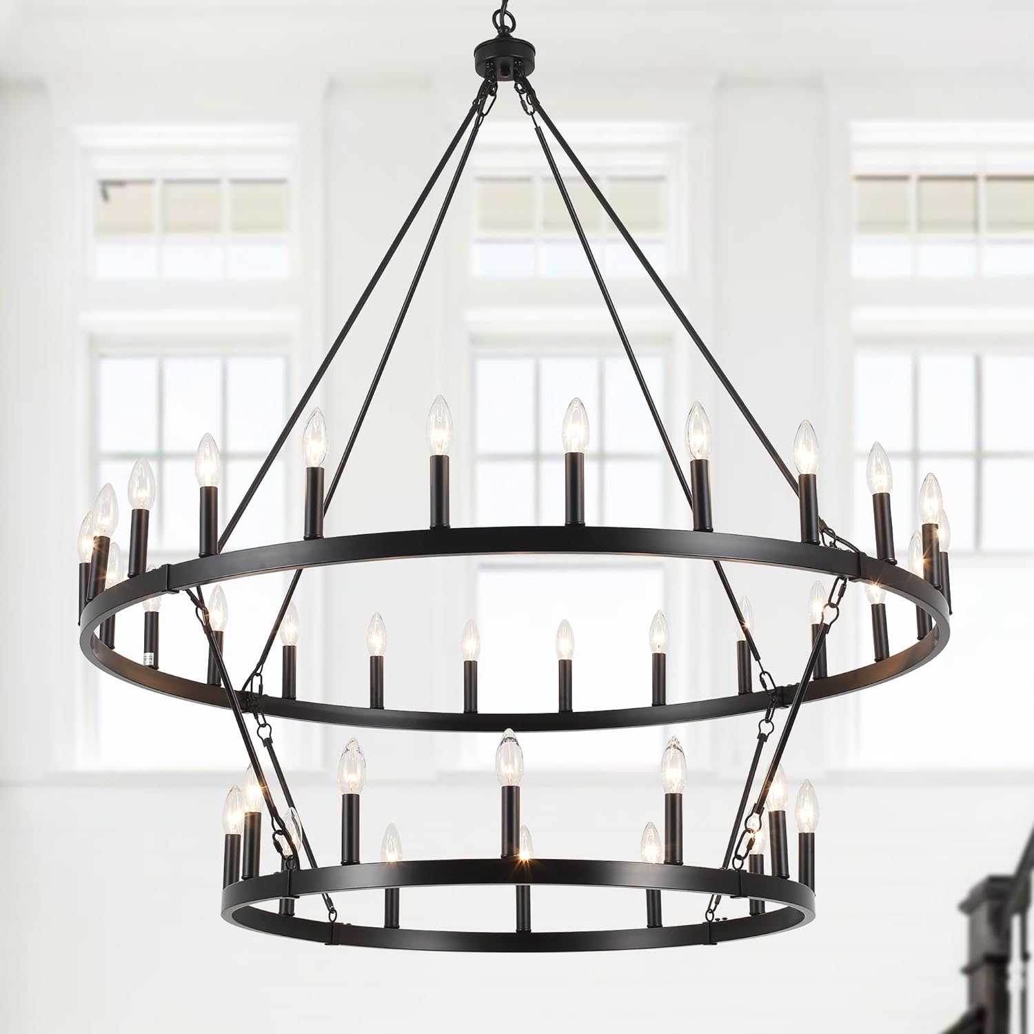2 Tier 36-Light Wagon Wheel Chandelier Round Chandelier 48 Inch Black Farmhouse Chandelier Foyer Lighting Fixturesr Large Chandeliers for High Ceilings Living Room Entryway Dining Room 36 Light-Black