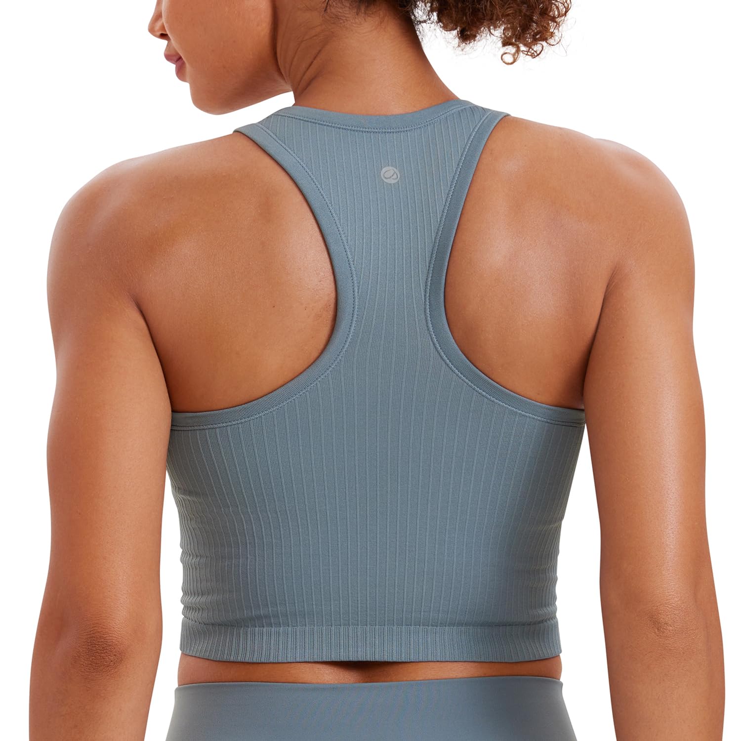 CRZ YOGA Seamless Ribbed High Neck Crop Tank Tops for Women - Longline Racerback Padded Sports Bras
