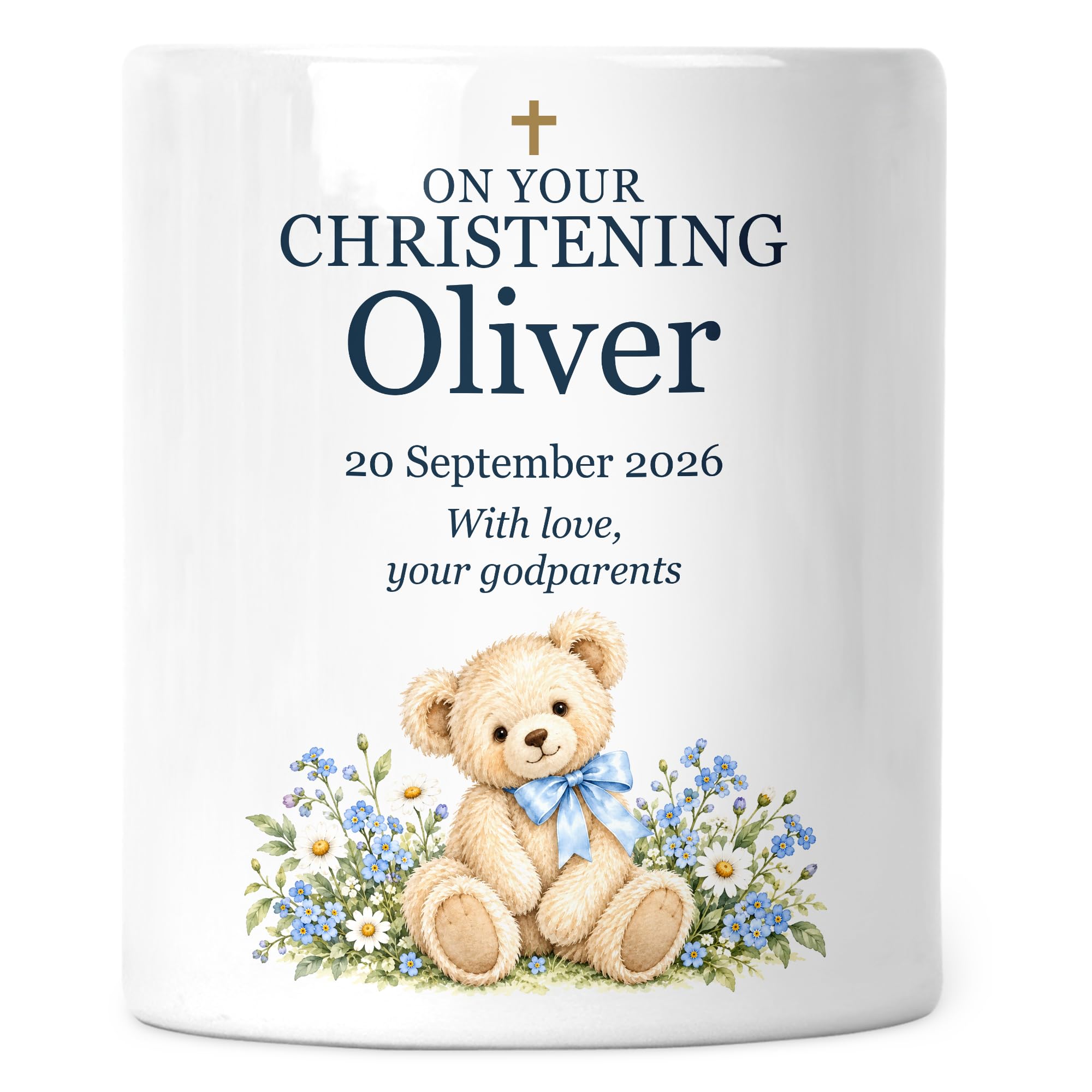 Personalised Christening or Baptism Money Box for Boy - Blue Teddy