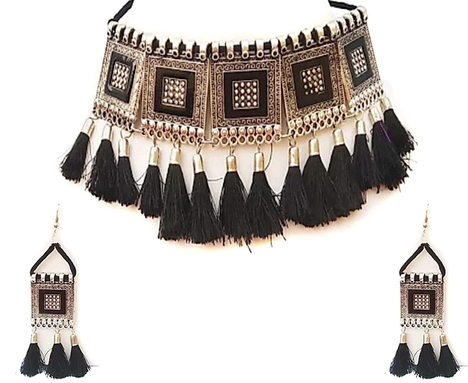 Cosmos Systems Oxidised Jewellery Afghani Style Black Thread Base Metal Oxidized Silver Choker Necklace Set For Women (B08TC5MRLV) Amazon Price History, Amazon Price Tracker