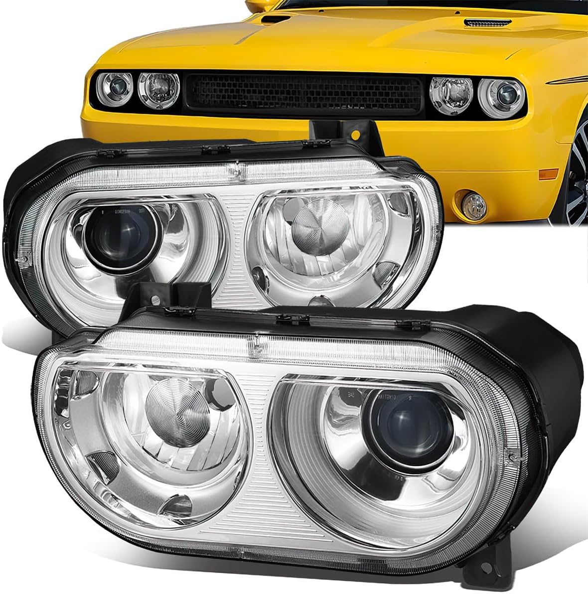 LED Projector Headlight Assembly Compatible with 2008-2014 Dodge Challenger Factory Style HID Headlamps CH2502219 CH2503219 Chrome