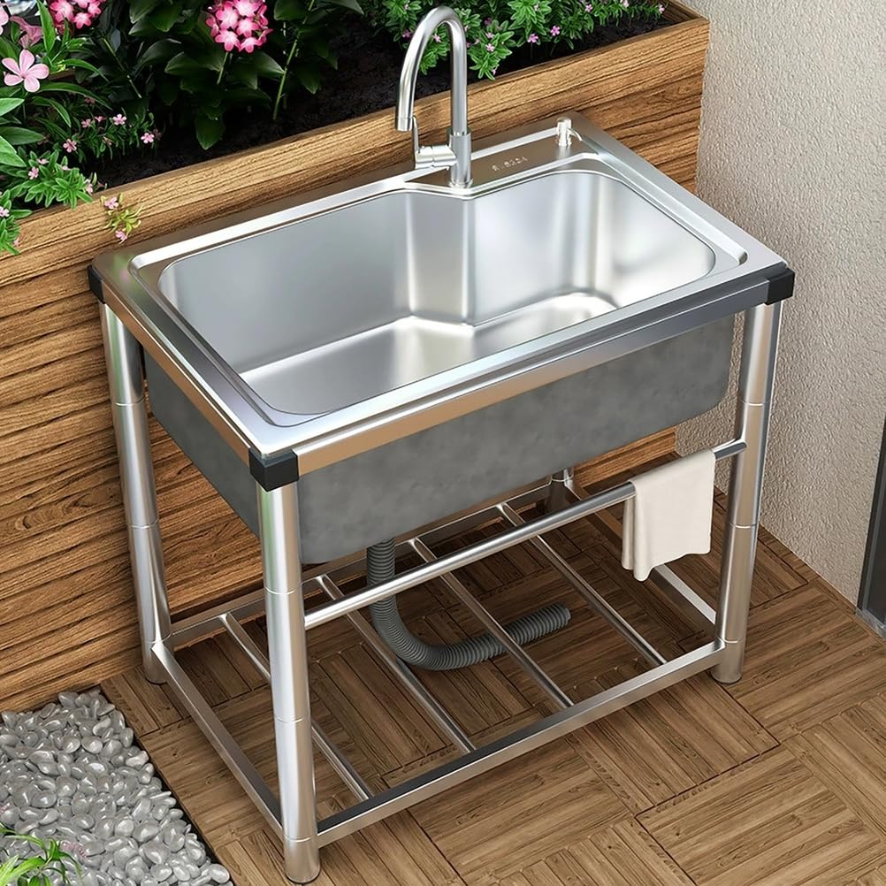 Plonge INOX 1 Bac Professionnel Évier De Cuisine sur Pied Commercial avec Robinet d'eau Chaude Et Froide, Étagère De Rangement 1.0mm Évier Utilitaire pour Buanderie,Garage,50 * 37 * 75cm