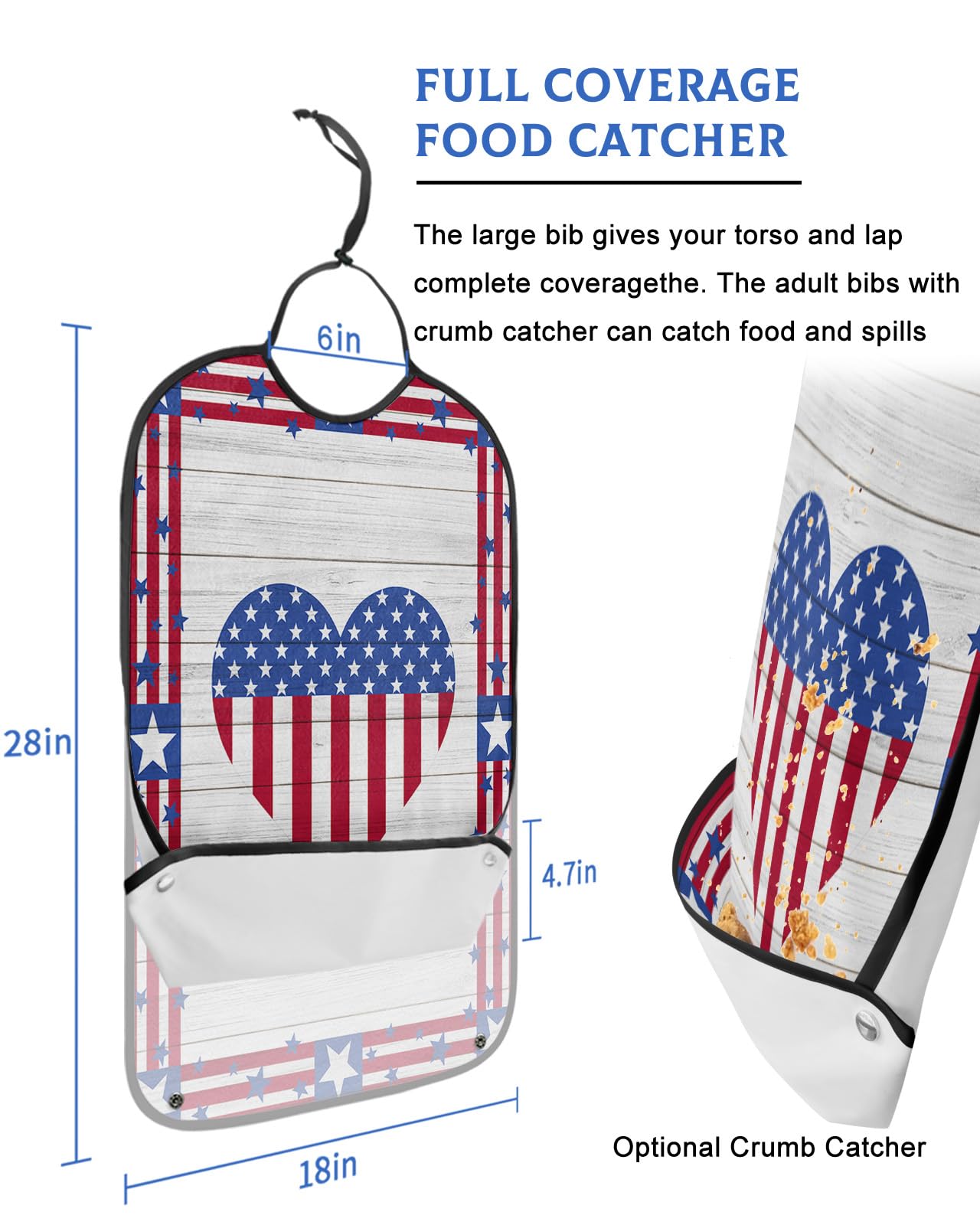 Patriotic Love Flag Adult Bib for Eating with Crumb Catcher,Washable & Waterproof Terry Cloth Adjustable Elderly Women Men Adult Bibs Funny Apron Clothing Protector Farmhouse Independence Day Red Blue