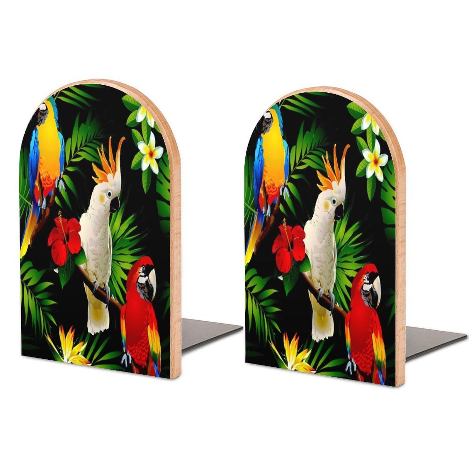 Tropical Paradise Parrots Realistic Beech Wood Bookends Heavy Duty Book Organizers Desktop File Holder for Office Home Bookshelf