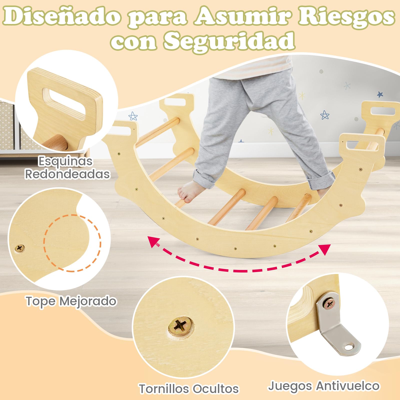 COSTWAY Triángulo de Escalada 2 en 1 con Cojín Suave, Arco de Escalada de Doble Cara, Juguete de Escalada y Balancín de Madera para Niños de 1 + Años para Jardines de Infantes (Natural)