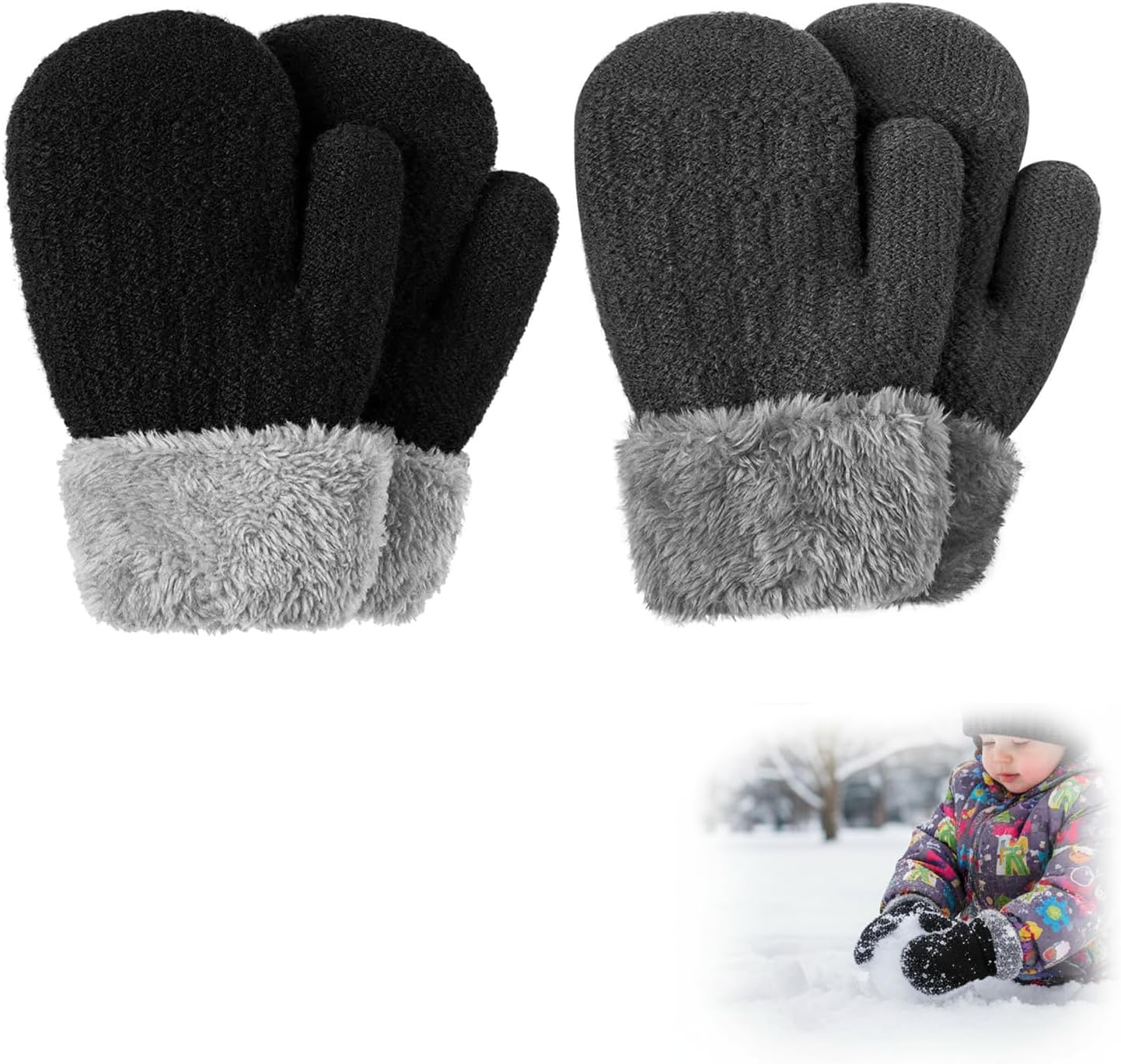 KASTWAVE Baby Mittens, Winter Cute Warm Fleece Lined Thick Thermal Gloves for Boys Girls (2 Pairs)