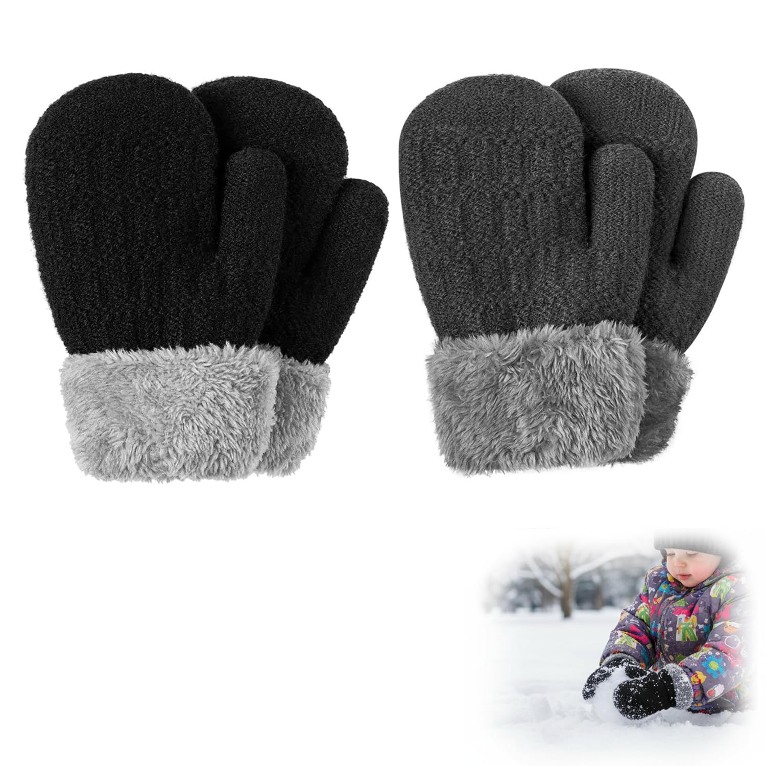 KASTWAVE Baby Mittens, Winter Cute Warm Fleece Lined Thick Thermal Gloves for Boys Girls (2 Pairs)