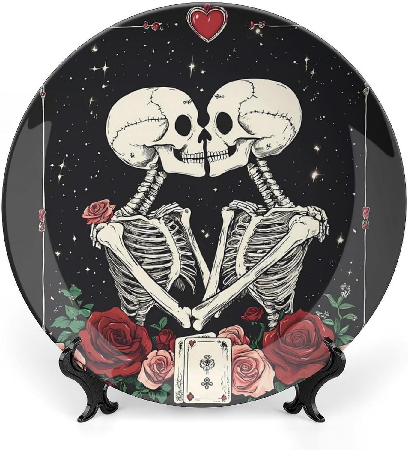 Skull Flower Bone China Decorative Plate with Stand Home Dessert Plates Gift for Men Women 7inch