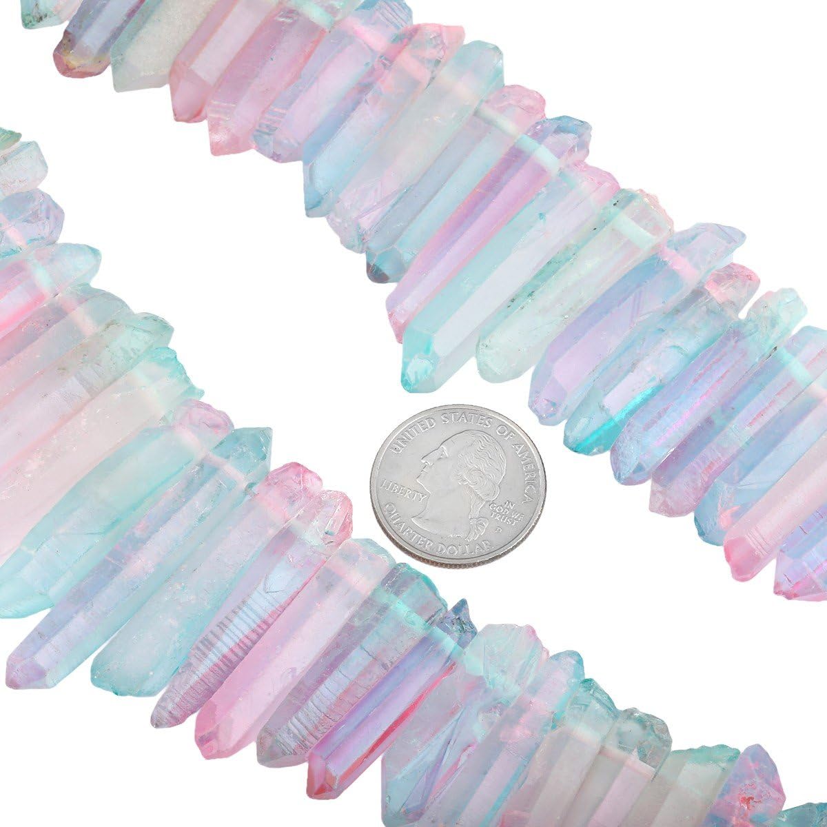 SUNYIK Pink/Blue Titanium Coated Crystal Points Quartz Rough Sticks Spikes Point Beads 15 inch Strand Drilled