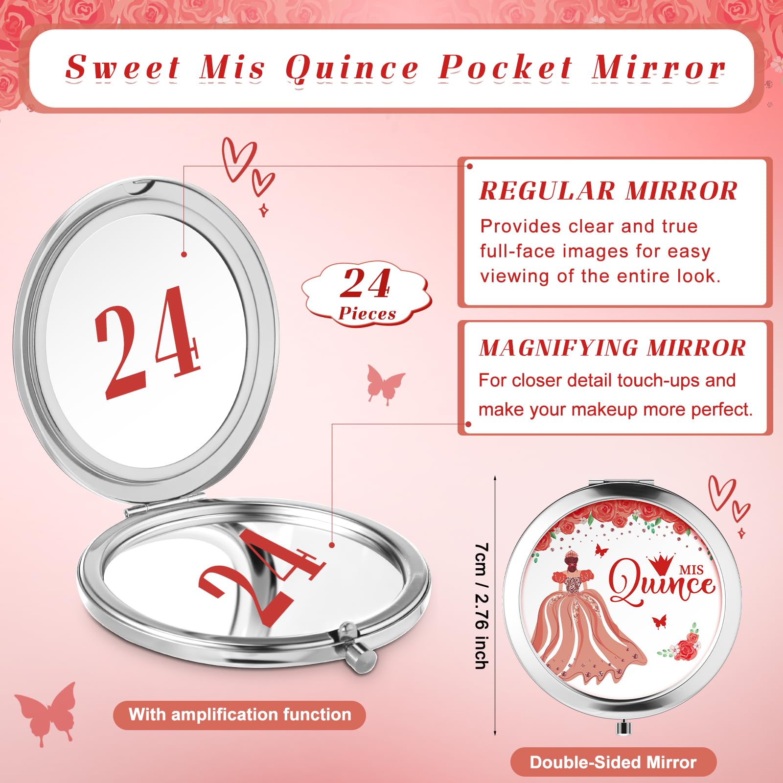 Menkxi 24 juegos de recuerdos de fiesta de quinceañera para invitados, espejos compactos con tarjetas, bolsas, regalos para cumpleaños de niñas de 15 años (rojo)