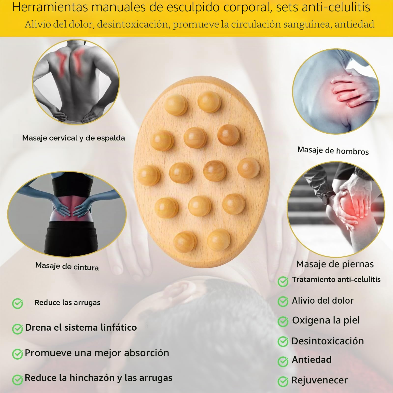 Herramientas de masaje de terapia de madera, masajeador de drenaje linfático para moldear el cuerpo, kit de maderoterapia, masajeador de celulitis, herramientas de madera Gua Sha, cepillo corporal