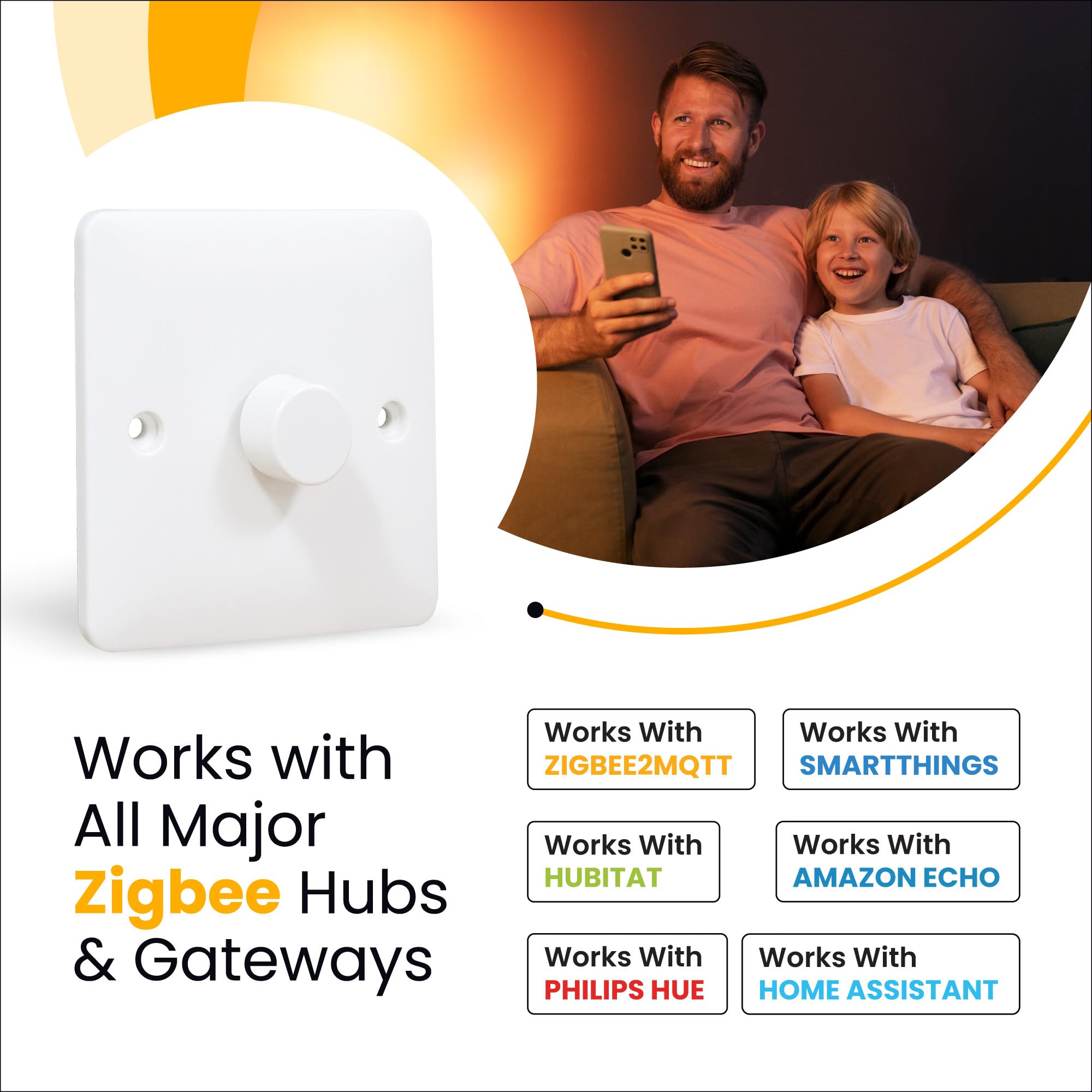 Zigbee Dimmer Smart Switch kompatibel mit Home Assistant, Philips Hue, Hubitat, Amazon Echo | kein Neutraldraht | 2-Wege-kompatibel | LED und Glühlampe [RD1 weiß 2-Gang]