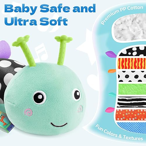 Miniatura 2 de HEMRLY Juguete sensorial para bebé de 0 a 6 meses, peluche musical de oruga con mordedor, arrugado, sonajero, espejo de bebé para el tiempo boca