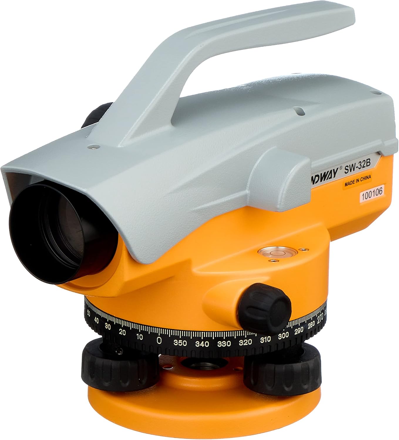 Belakang view of the Sndway SW-32B Automatic Level, showing the eyepiece, fine motion knobs, and circular bubble level.