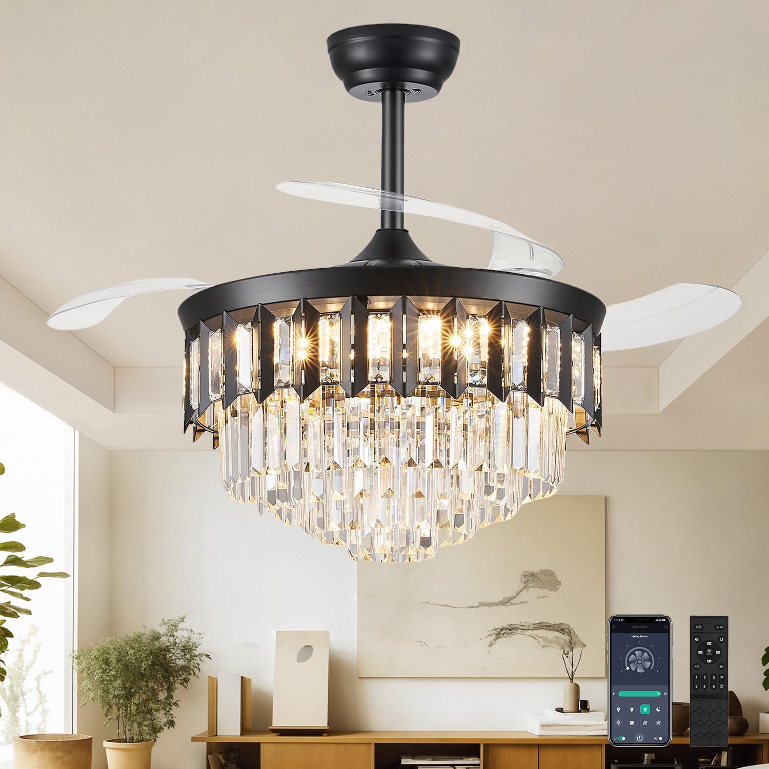 42" Fandelier Ceiling Fan with Light, Crystal Chandelier Fan with Retractable Blades Dimmable Crystal Ceiling Fan Chandelier for Bedroom Living Room Dining Room-Black