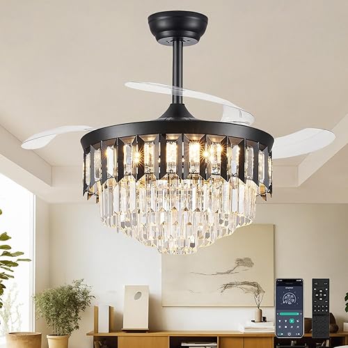 Miniatura 16 de Ventilador de Techo con Luz Fandelier, 42" Ventiladores de Techo Retráctiles con Luces Araña de Cristal, Ventilador Araña LED Regulable para 121