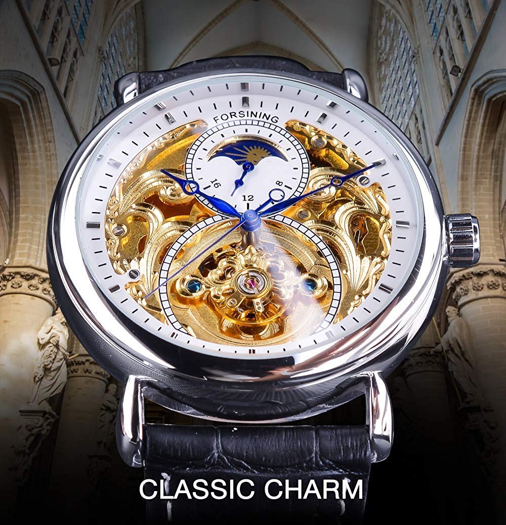 Carlien Herren-Automatikuhr, goldfarben, Tourbillon, Skelettuhr, Mondphase, wasserdicht, Edelstahl