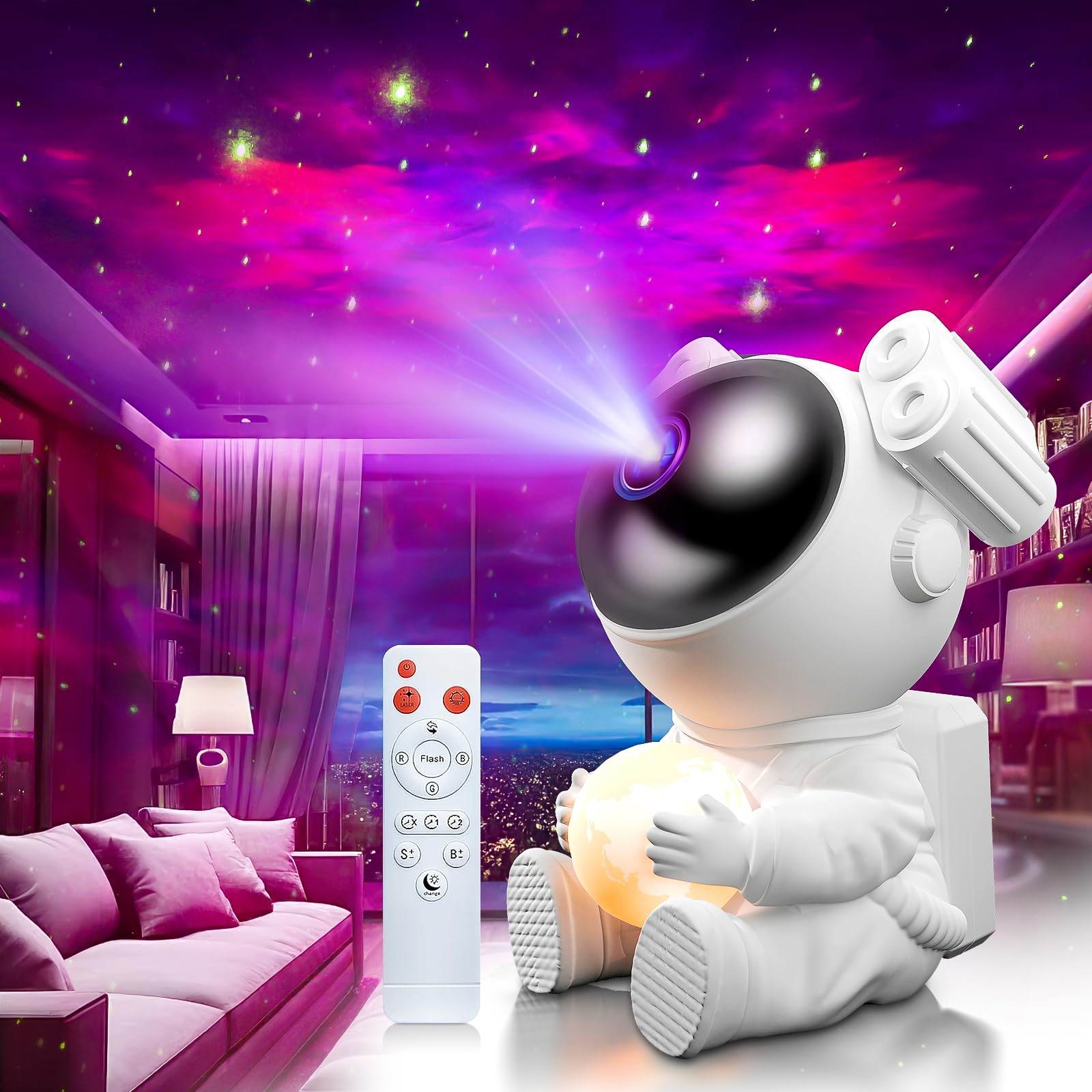 MYSTILUCK Astronauta Proiettore Stelle per Soffitto con Lampada Lunare, Luce Notturna a LED con Timer e Telecomando per Bambini e Adulti, Ideale come Regalo per Natale e Compleanno