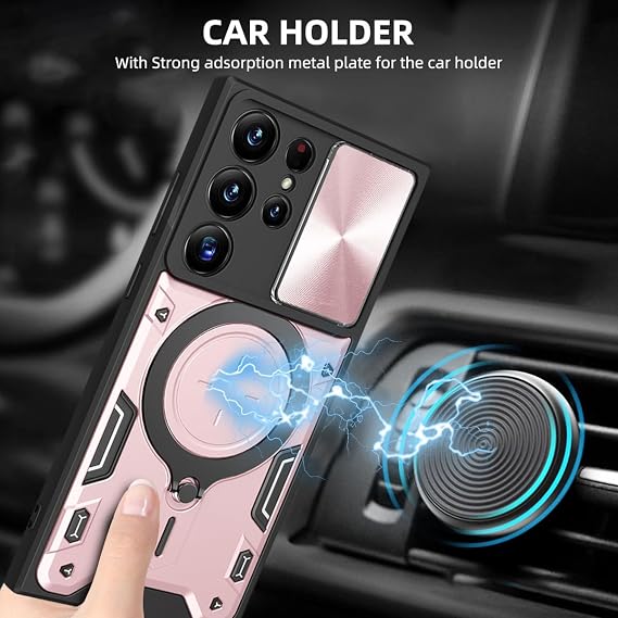 Galaxy S24 Ultra 5G Case,Designed for Samsung 24S Ultra Phone Cases with Camera Lens Protector,Invisible Magnetic Car Mount Kickstand,Military Grade Heavy Duty Shockproof Cover for Women Rose Gold