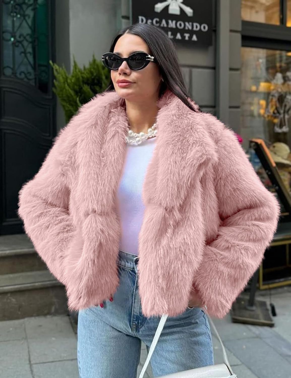 COZYPOIN Womens Faux Fur Jacket Fluffy Fur Coat Cropped Long Sleeve Lapel Button Down Fuzzy Winter Outerwear - Image 5