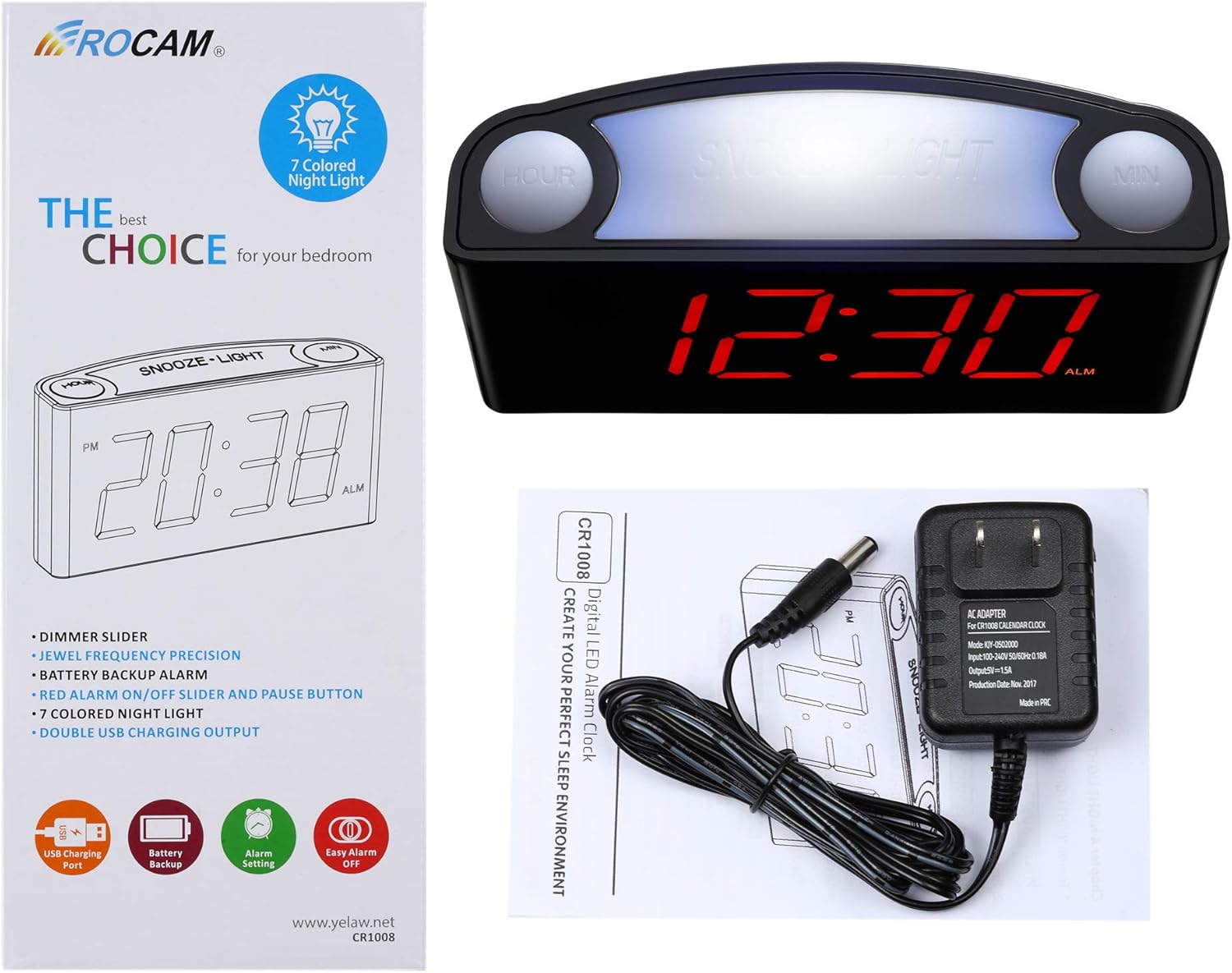 Exсluѕіvе Rocam Home LED Digital Alarm Clock - 7 Large Red Display, Loud Alarm, 7 Colored Night Light, Snooze, Dimmer, Dual USB Charger Ports, Battery Backup, 12/24 Hours for Bedrooms, Kids, Heavy Sleepers