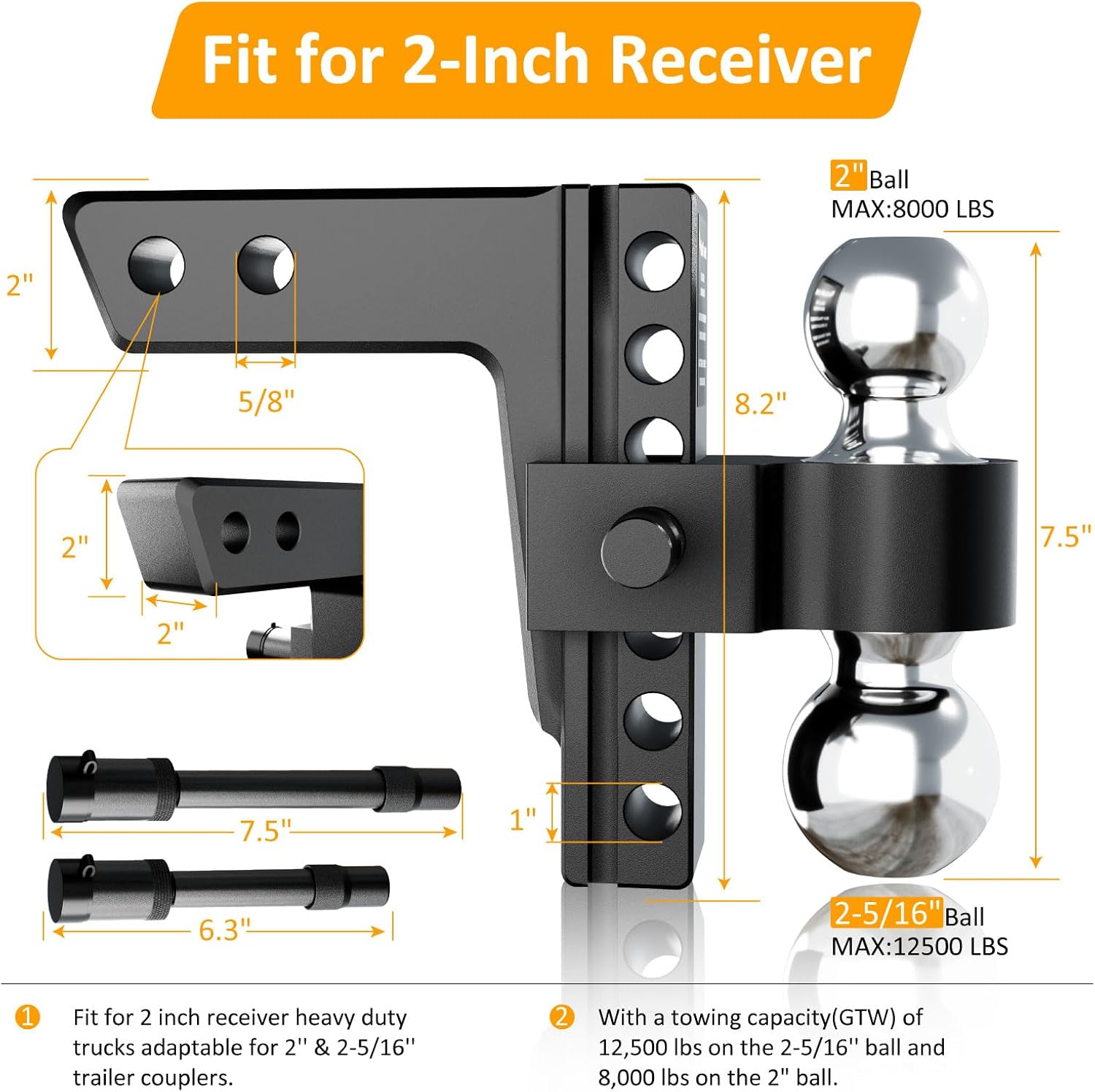 Adjustable Trailer Hitch, 6 Inch Aluminum Hitch Drop (Fits for 2-Inch Receiver), 2'' & 2-5/16'' Heavy Duty Solid Dual Balls Mount, 12,500 lbs GTW Tow Hitch with 2 Anti-Theft Pins Locks, Black