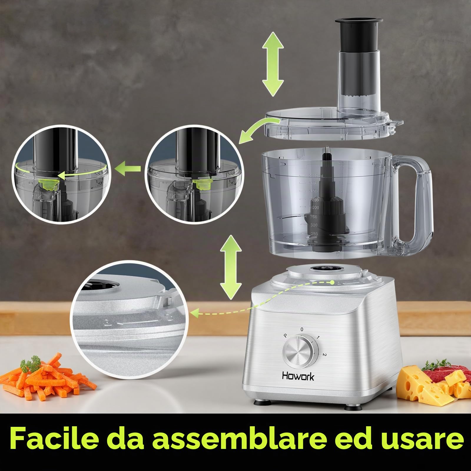 Howork Robot da Cucina multifunzione 1500W, Multifunzione di Grande Capacità, Per Tritare, Affettare, Sminuzzare, Tritare, Frullare, Sminuzzare,Farcire e Impastare, Acciaio Inox Argenteo
