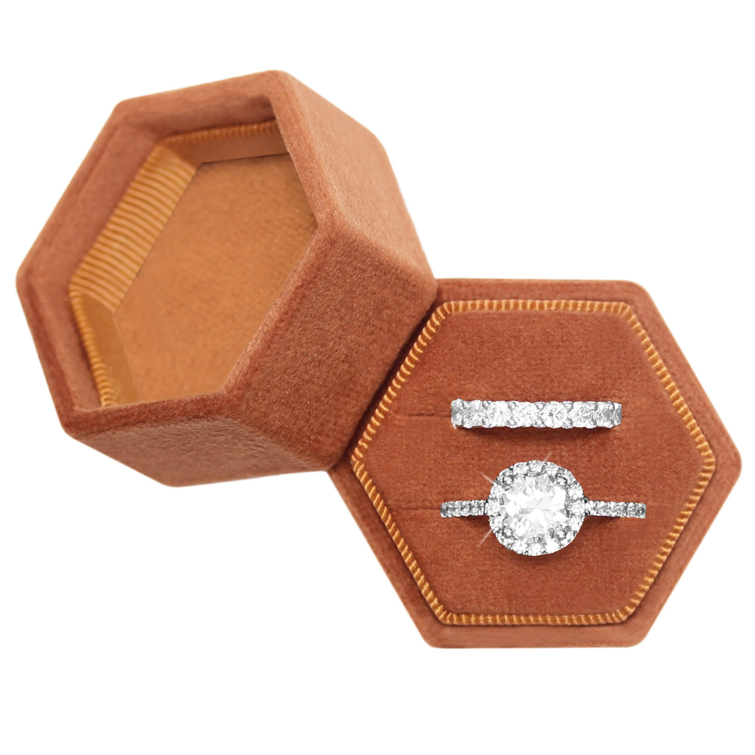 Hexagon Velvet Double Slots Ring Heirlooms Box Engagement Ring Box (Burnt Orange)