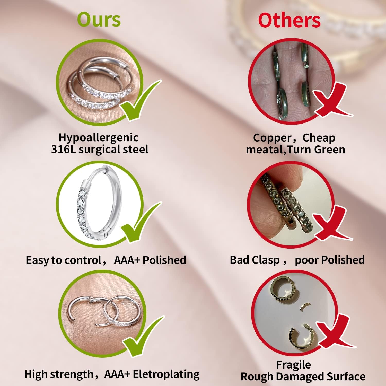 316L Surgical Steel Huggie Hoop Earrings,Dainty Pave Cubic Zirconia Cartilage Tiny Earring for Sensitive Ears Hypoallergenic Lightweight for Women Men - Image 5