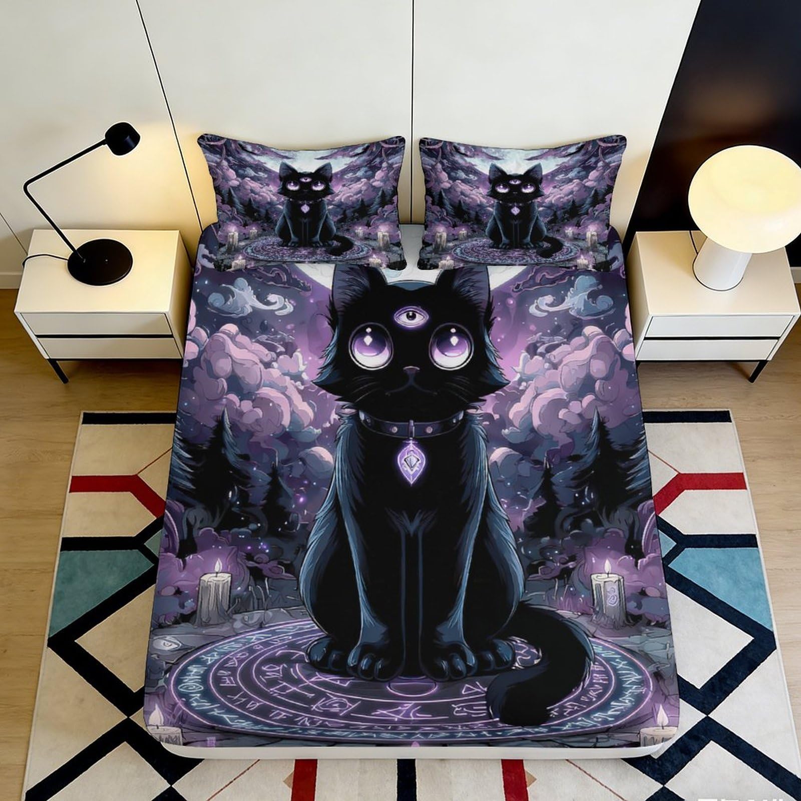 3D Printed Mystic Black Cat Fitted Sheet Microfiber Soft Purple Moon Mattress Cover for Bedroom Dorm Decor 90x200x25cm