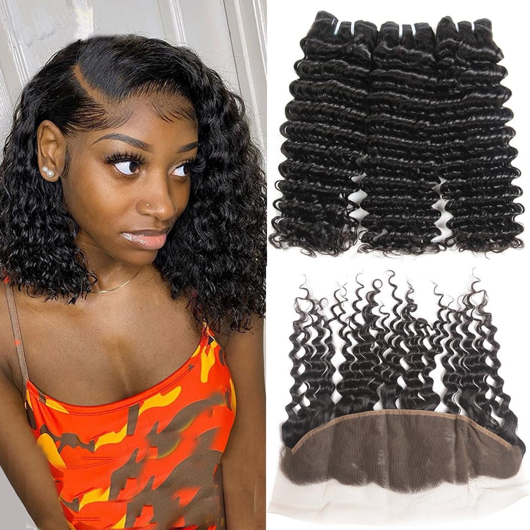 12A Human Hair Bundles with Frontal 10 12 14+10 Inch Deep Water Wave Bundles Human Hair with Frontal 12A Wet and Wavy 3 Bundles with 13x4 HD Lace Closure 1B# Curly Wave Human Hair Extensions