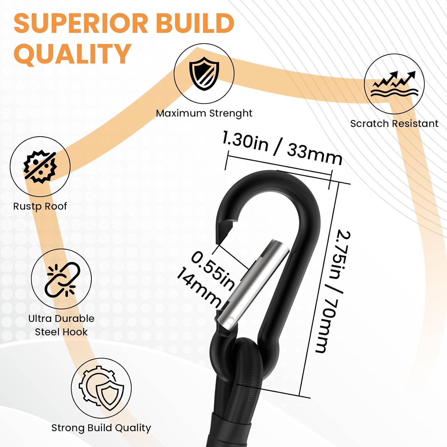 8 Pcs Bungee Cords with Carabiner, 5/16" Superior Latex Heavy Duty Carabiner Bungee Cord, Black Strong Elastic Rope Assortment Includes 8" 12" for Camping Tarps Bike Rack Tent