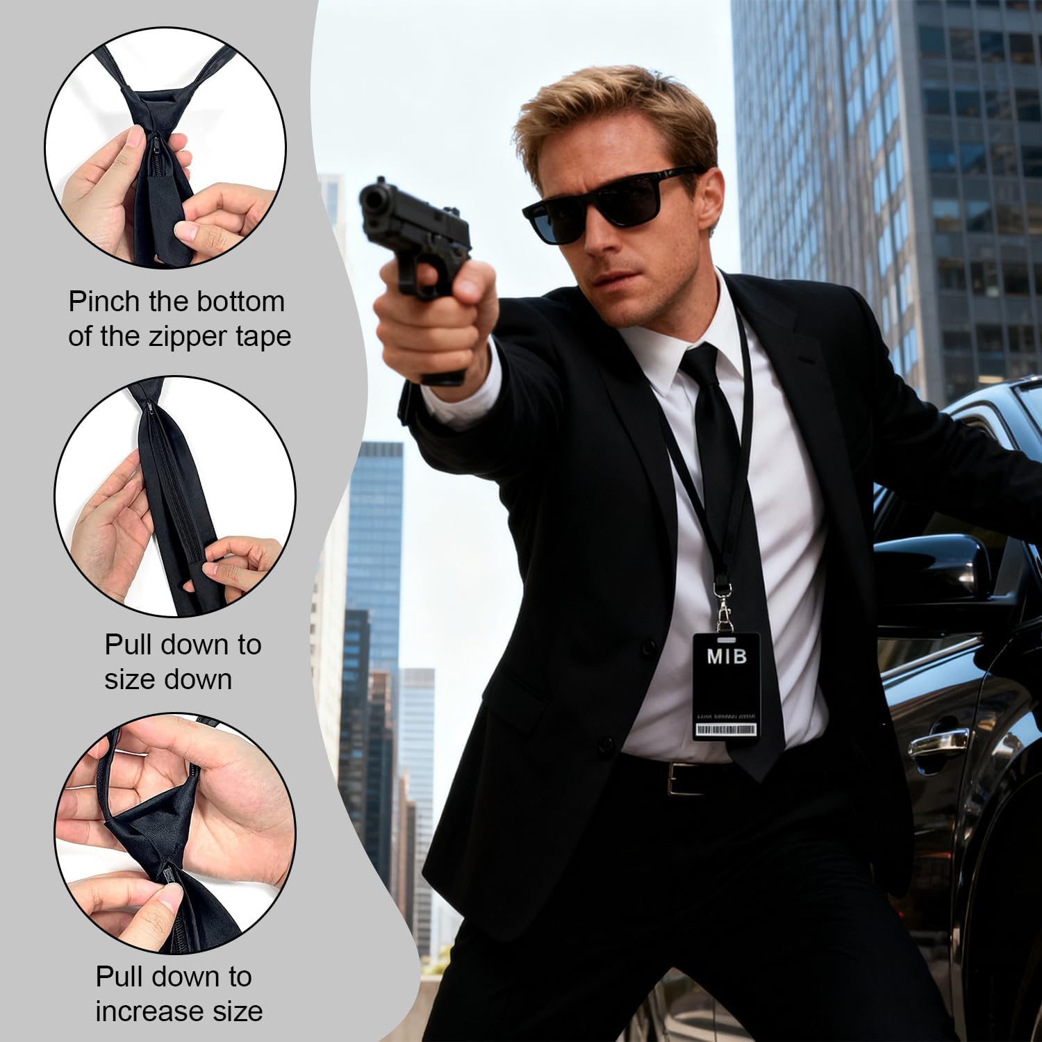 AetMvt 6 PCS Men in Black Costume, Agent Costume with Black Sunglasses Tie Fake Earphone Earplugs ID Card and Card Lanyard - Image 3