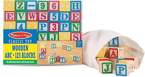 Miniatura 9 de Melissa  Doug Juego de bloques de madera ABC123 de lujo de 1 pulgada con bolsa de almacenamiento 50 piezas - Bloques de madera de letras y números