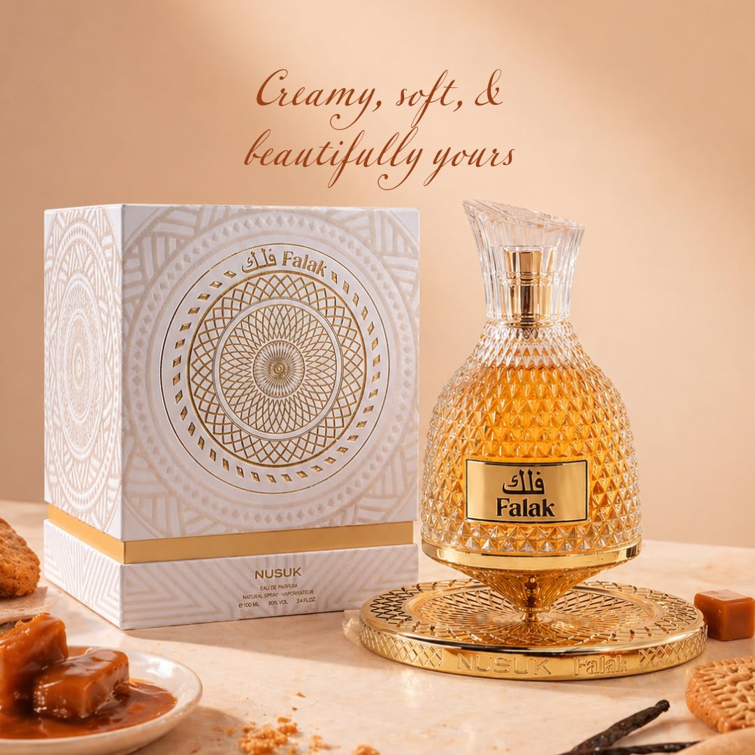 Nusuk Falak Eau De Parfum 100ml | Parfum unisexe longue durée | Parfum caramel, vanille et praline | Parfum gourmand chaud | Bouteille en verre spray élégante